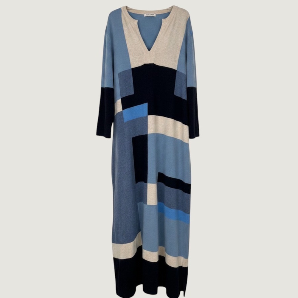 Frances Valentine Blue Geometric Colorblock Angora Lambswool Maxi Dress 1X